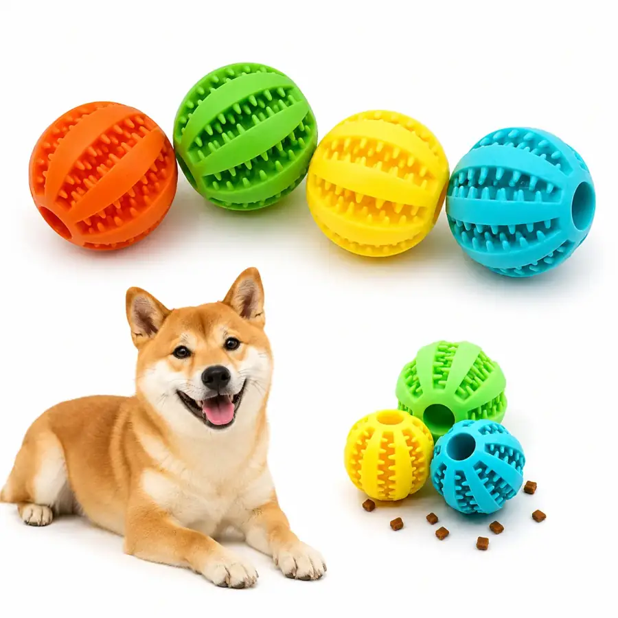 Colorful treat-dispensing chew balls for dogs