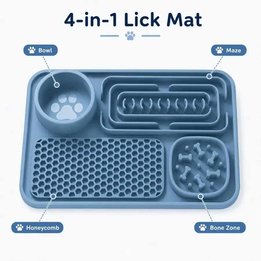 Dog using a lick mat with integrated bowl